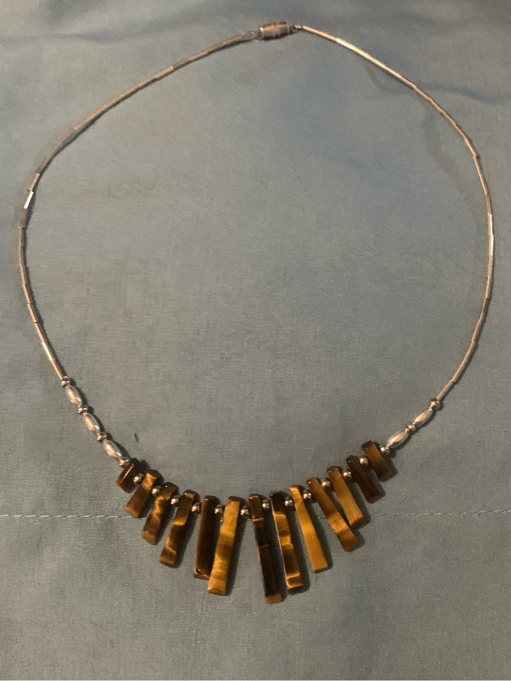 Tiger Eye Bar Statement Necklace with Liquid Sterling Silver Beaded Chain